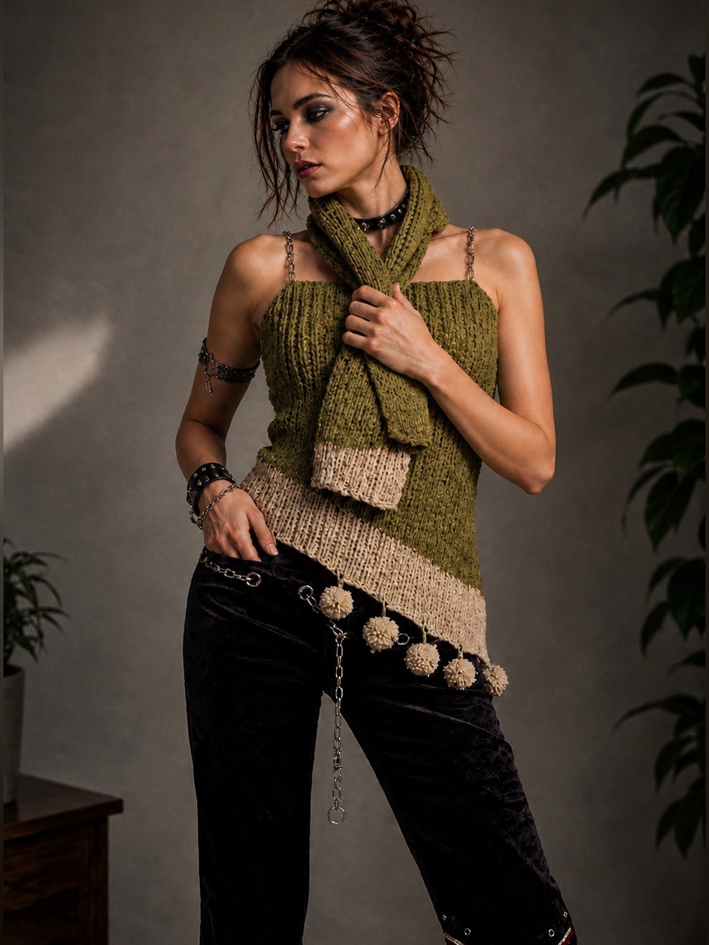 NWT Nataya Vintage 1997 Green Knitted Top with Pom-Poms and Chain Detail. Medium